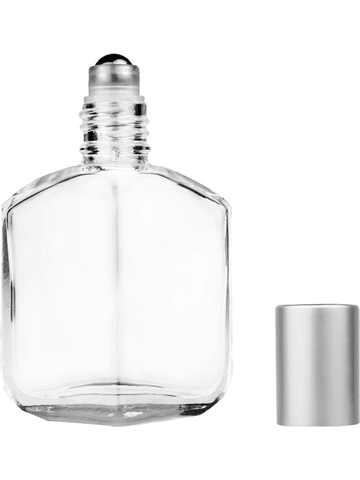Royal design 13ml, 1/2oz Clear glass bottle with metal roller ball plug and matte silver cap.