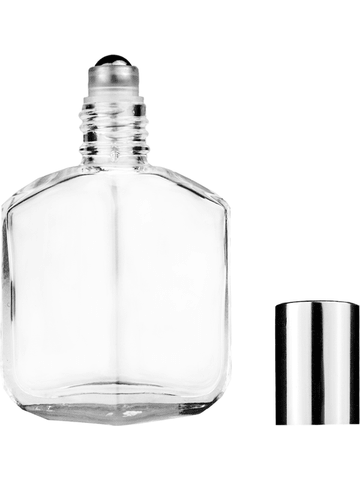 Royal design 13ml, 1/2oz Clear glass bottle with metal roller ball plug and shiny silver cap.