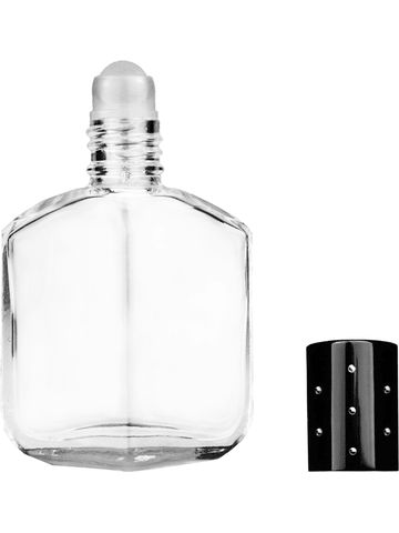 Royal design 13ml, 1/2oz Clear glass bottle with plastic roller ball plug and black shiny cap with dots.