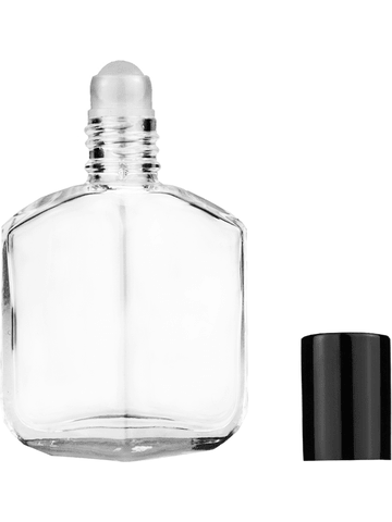 Royal design 13ml, 1/2oz Clear glass bottle with plastic roller ball plug and black shiny cap.
