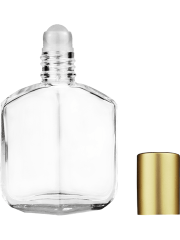 Royal design 13ml, 1/2oz Clear glass bottle with plastic roller ball plug and matte gold cap.