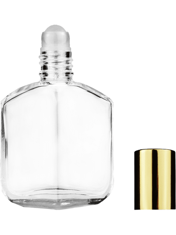 Royal design 13ml, 1/2oz Clear glass bottle with plastic roller ball plug and shiny gold cap.