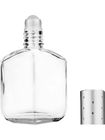 Royal design 13ml, 1/2oz Clear glass bottle with plastic roller ball plug and silver cap with dots.