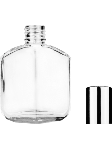 Royal design 13ml, 1/2oz Clear glass bottle with shiny silver cap.