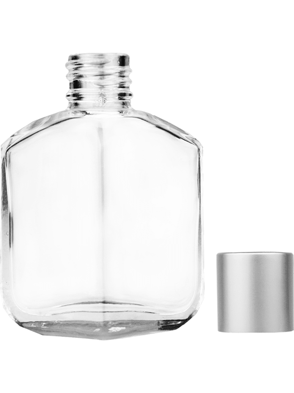 Empty Clear glass bottle with short matte silver cap capacity: 13ml, 1/2oz. For use with perfume or fragrance oil, essential oils, aromatic oils and aromatherapy.