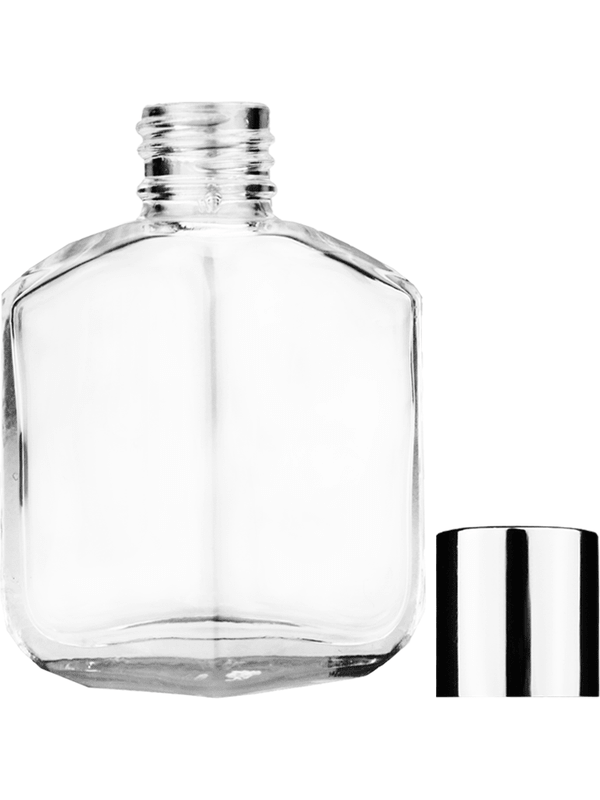 Empty Clear glass bottle with short shiny silver cap capacity: 13ml, 1/2oz. For use with perfume or fragrance oil, essential oils, aromatic oils and aromatherapy.