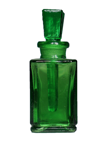 Green glass rectangular shaped bottle with glass stopper. Capacity : 9ml (1/3oz)