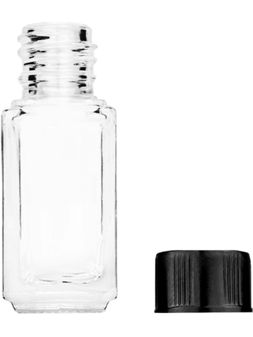 Sleek design 5ml, 1/6oz Clear glass bottle with short black ridged cap.
