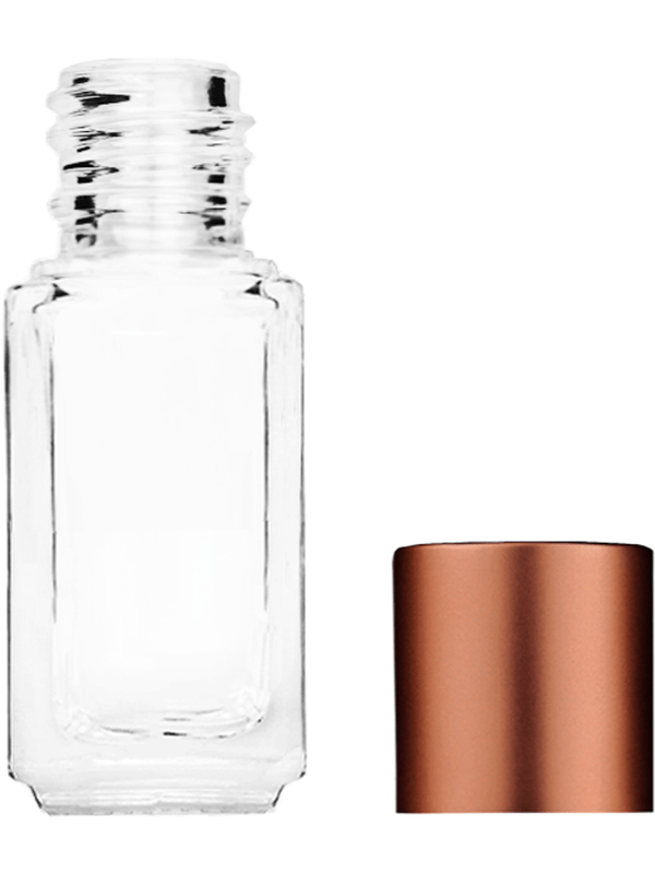 Empty Clear glass bottle with short matte copper cap capacity: 5ml, 1/6oz. For use with perfume or fragrance oil, essential oils, aromatic oils and aromatherapy.