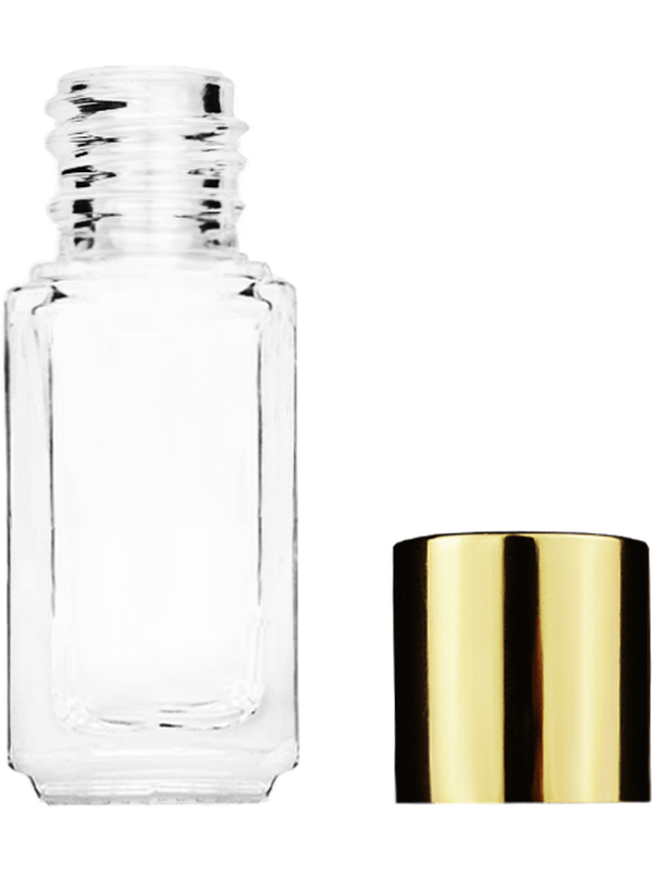 Empty Clear glass bottle with short shiny gold cap capacity: 5ml, 1/6oz. For use with perfume or fragrance oil, essential oils, aromatic oils and aromatherapy.