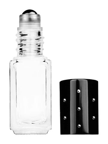 Sleek design 4.2ml, 1/6oz Clear glass bottle with metal roller ball plug and black shiny cap with dots.