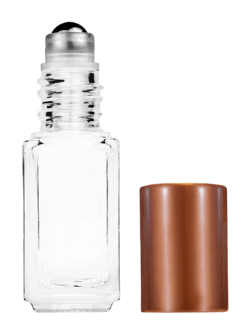 Sleek design 5ml, 1/6oz Clear glass bottle with metal roller ball plug and matte copper cap.