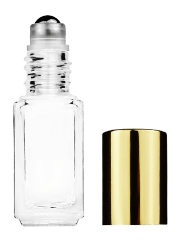 Sleek design 5ml, 1/6oz Clear glass bottle with metal roller ball plug and shiny gold cap.