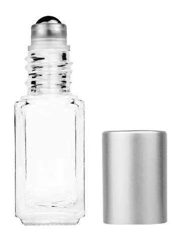 Sleek design 4.2ml, 1/6oz Clear glass bottle with metal roller ball plug and matte silver cap.