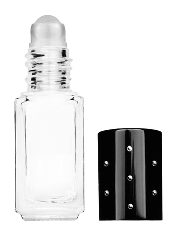 Sleek design 5ml, 1/6oz Clear glass bottle with plastic roller ball plug and black shiny cap with dots.