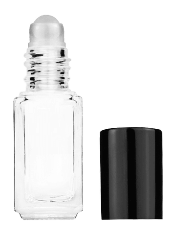Sleek design 5ml, 1/6oz Clear glass bottle with plastic roller ball plug and black shiny cap.