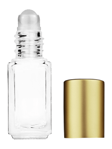 Sleek design 5ml, 1/6oz Clear glass bottle with plastic roller ball plug and matte gold cap.