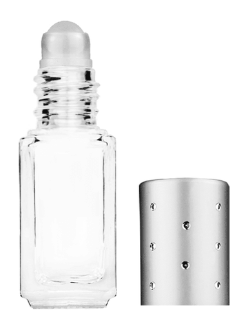 Sleek design 5ml, 1/6oz Clear glass bottle with plastic roller ball plug and silver cap with dots.