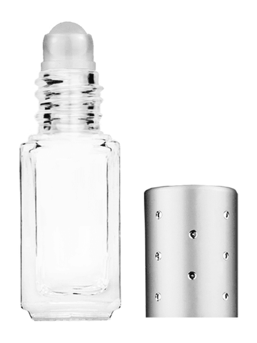 Sleek design 4.2ml, 1/6oz Clear glass bottle with plastic roller ball plug and silver cap with dots.