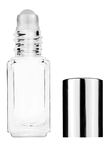 Sleek design 5ml, 1/6oz Clear glass bottle with plastic roller ball plug and shiny silver cap.