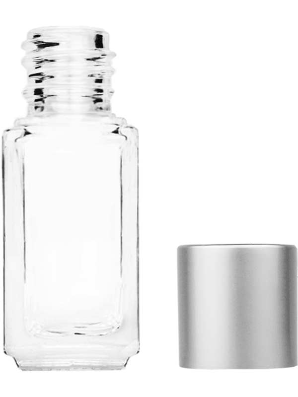 Empty Clear glass bottle with short matte silver cap capacity: 5ml, 1/6oz. For use with perfume or fragrance oil, essential oils, aromatic oils and aromatherapy.