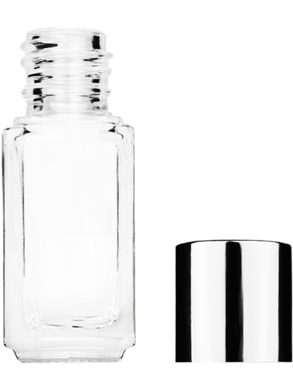 Empty Clear glass bottle with short shiny silver cap capacity: 4.2ml, 1/6oz. For use with perfume or fragrance oil, essential oils, aromatic oils and aromatherapy.