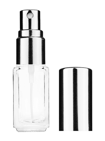 Sleek design 5ml, 1/6oz Clear glass bottle with shiny silver spray.