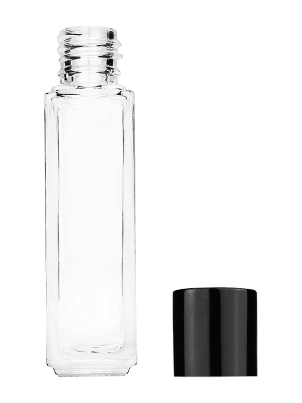 Empty Clear glass bottle with short shiny black cap capacity: 8ml, 1/3oz. For use with perfume or fragrance oil, essential oils, aromatic oils and aromatherapy.