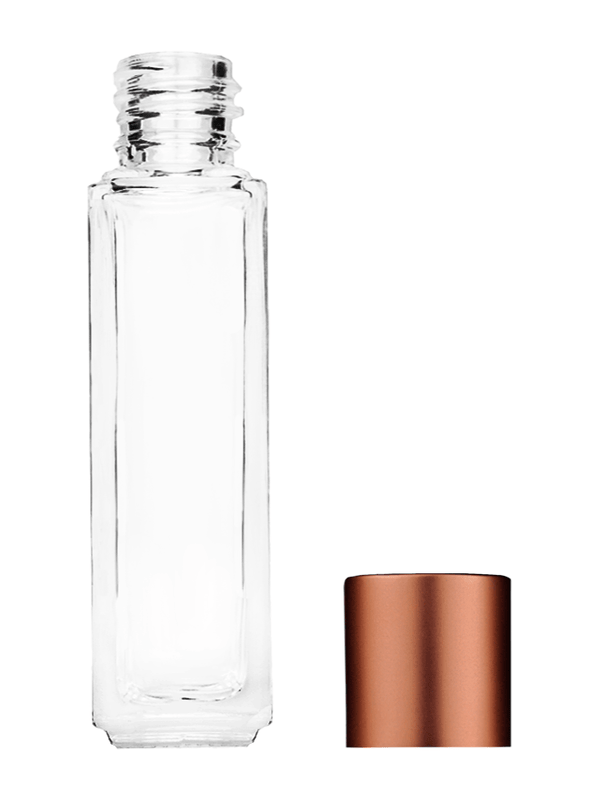Empty Clear glass bottle with short matte copper cap capacity: 8ml, 1/3oz. For use with perfume or fragrance oil, essential oils, aromatic oils and aromatherapy.