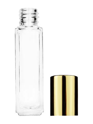 Sleek design 8ml, 1/3oz Clear glass bottle with shiny gold cap.