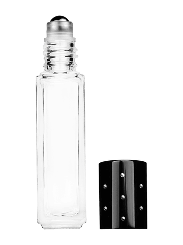 Sleek design 8ml, 1/3oz Clear glass bottle with metal roller ball plug and black shiny cap with dots.