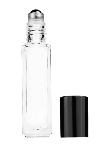 Sleek design 8ml, 1/3oz Clear glass bottle with metal roller ball plug and black shiny cap.