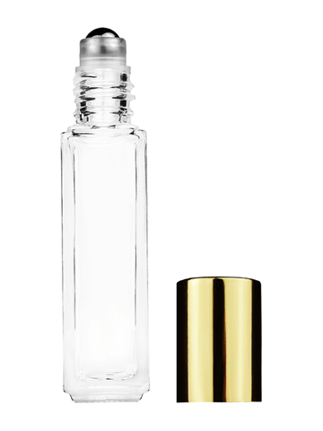 Sleek design 8ml, 1/3oz Clear glass bottle with metal roller ball plug and shiny gold cap.