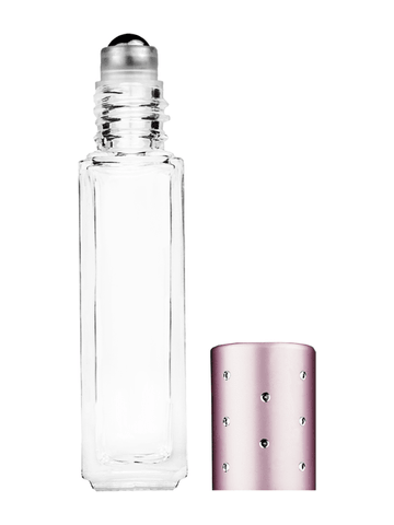 Sleek design 8ml, 1/3oz Clear glass bottle with metal roller ball plug and pink cap with dots.