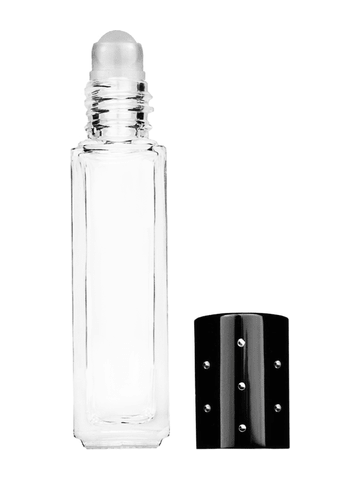 Sleek design 8ml, 1/3oz Clear glass bottle with plastic roller ball plug and black shiny cap with dots.