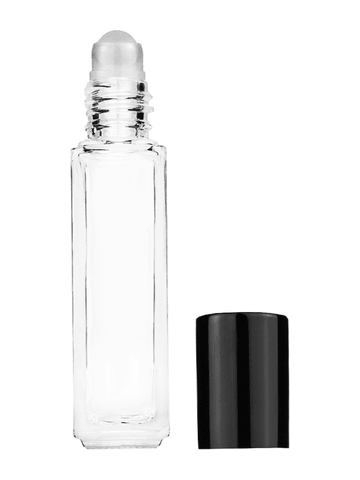 Sleek design 8ml, 1/3oz Clear glass bottle with plastic roller ball plug and black shiny cap.