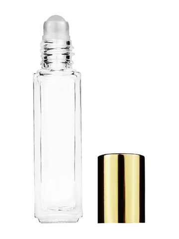 Sleek design 8ml, 1/3oz Clear glass bottle with plastic roller ball plug and shiny gold cap.