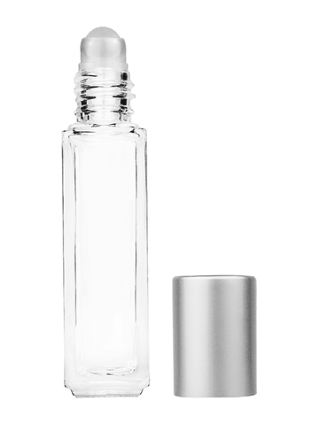 Sleek design 8ml, 1/3oz Clear glass bottle with plastic roller ball plug and matte silver cap.