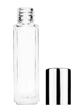 Sleek design 8ml, 1/3oz Clear glass bottle with shiny silver cap.