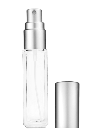 Sleek design 8ml, 1/3oz Clear glass bottle with matte silver spray.