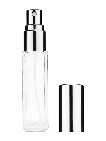 Sleek design 8ml, 1/3oz Clear glass bottle with shiny silver spray.