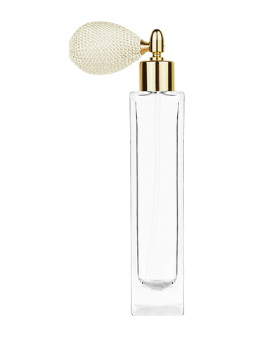 Sleek design 100 ml, 3 1/2oz  clear glass bottle  with ivory vintage style bulb sprayer with shiny gold collar cap.