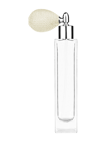 Sleek design 100 ml, 3 1/2oz  clear glass bottle  with ivory vintage style bulb sprayer with shiny silver collar cap.