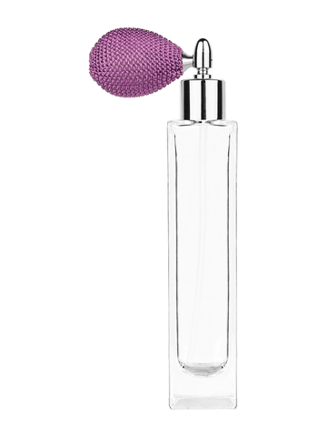 Sleek design 100 ml, 3 1/2oz  clear glass bottle  with lavender vintage style bulb sprayer with shiny silver collar cap.