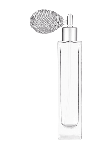 Sleek design 100 ml, 3 1/2oz  clear glass bottle  with matte silver vintage style sprayer with matte silver collar cap.
