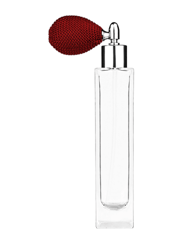 Sleek design 100 ml, 3 1/2oz  clear glass bottle  with red vintage style bulb sprayer with shiny silver collar cap.