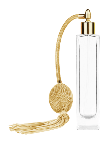 Sleek design 100 ml, 3 1/2oz  clear glass bottle  with Gold vintage style bulb sprayer with tasseland shiny gold collar cap.