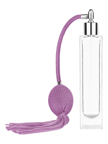Sleek design 100 ml, 3 1/2oz  clear glass bottle  with Lavender vintage style bulb sprayer with Tasseland shiny silver collar cap.