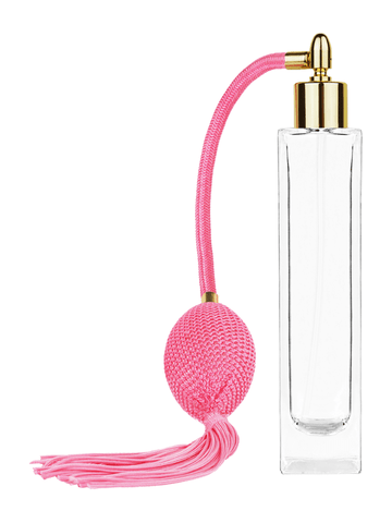Sleek design 100 ml, 3 1/2oz  clear glass bottle  with Pink vintage style bulb sprayer with tassel and shiny gold collar cap.