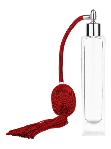 Sleek design 100 ml, 3 1/2oz  clear glass bottle  with Red vintage style bulb sprayer with tasseland shiny silver collar cap.